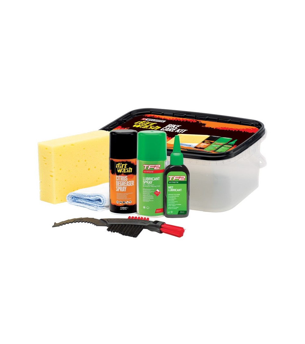 Zestaw do czyszczenia WELDTITE Dirtwash Bike Care Kit (Odtłuszczacz + Smar w sprayu + Olej Wet Lube + Szczotka + Gąbka + Szmatka